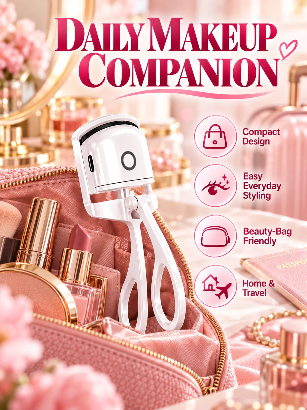 Electric Heated Eyelash Curler 2 Heat Modes Thermal Silicone Clamp Type-C Rechargeable Lash Curler 5-Min Auto Shut-Off Makeup To