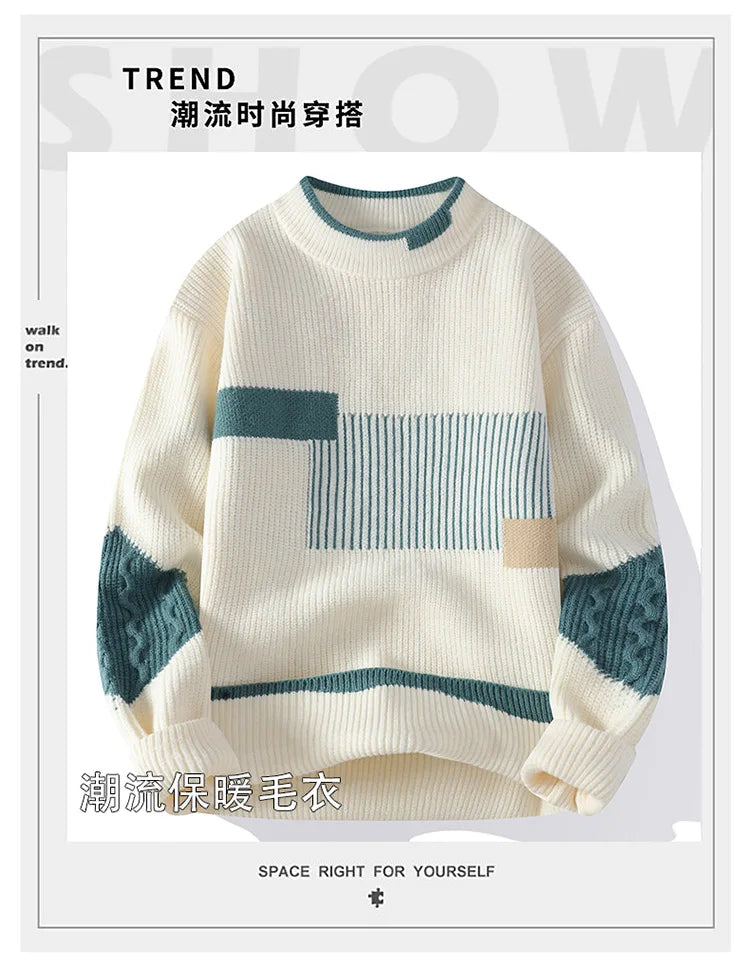 New Men's Mock Neck Knitted Sweaters Fashion Patchwork Knitting Pullovers Autumn Winter Daily Casual Warm Pullover Sweaters Male