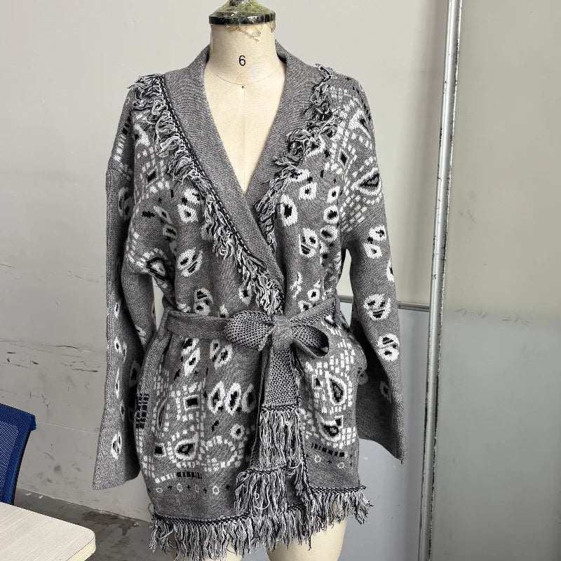 Casual Print Tassel Cardigan Women Elegant Belt V-neck Long Sleeve Knitted Sweaters Female 2026 Autumn Winter Knitwears Lady