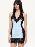 Blifanbo Sexy Lace Patchwork Halter Neck Mini Dress Women Elegant Deep V Neck Bodycon Backless Sleeveless Slim Club Party Dress
