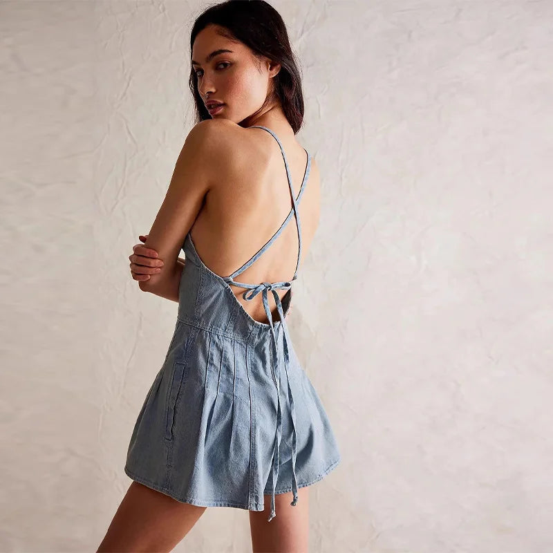 Chic Women's Sleeveless Backless Denim Short Jumpsuits Summer Sexy Deep-V Spaghetti Straps  Baggy Jeans Shorts Rompers For Woman