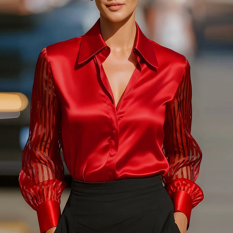 Fashion Women Long Sleeve Silk Shirt Black Turn Down Collar Button Blouse Women Office Tops Mesh See Through Sleeve Satin Shirt