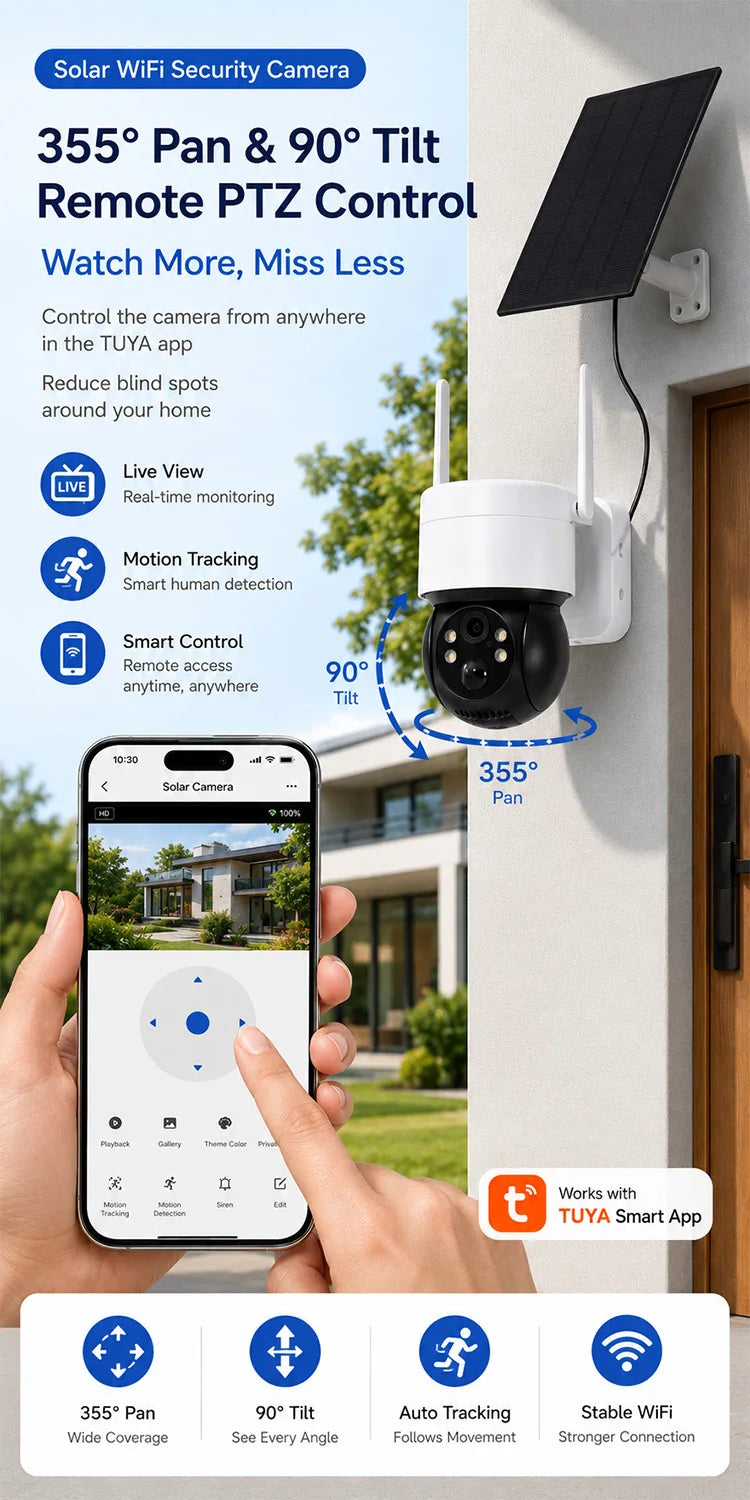 Solar WiFi Camera 3MP TUYA Smart Outdoor PTZ Security Camera Solar Powered 2-Way Audio Full Color Night Vision PIR Alerts IP66