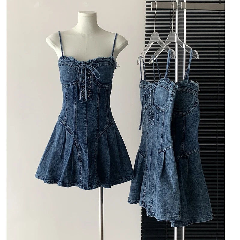 Sexy Mini Spaghetti Strap Lace-Up Jeans Dress Women 2024 New Trendy Summer Girls Dress Fashion Ripped Tassel Denim Dress Female