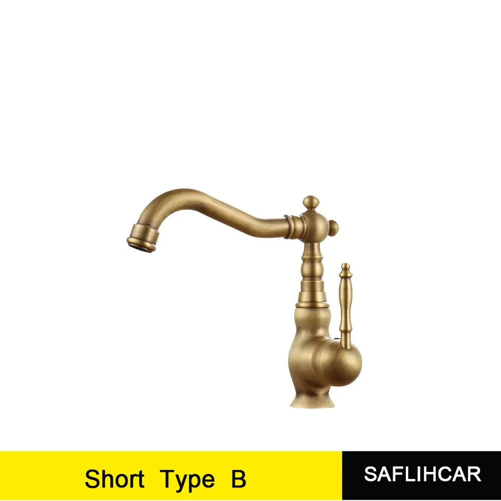 Antique Brass Bathroom Faucet Hot & Cold Mixer Tap Single Hole Single Lever Rotatable Ceramic Handle for Kitchen