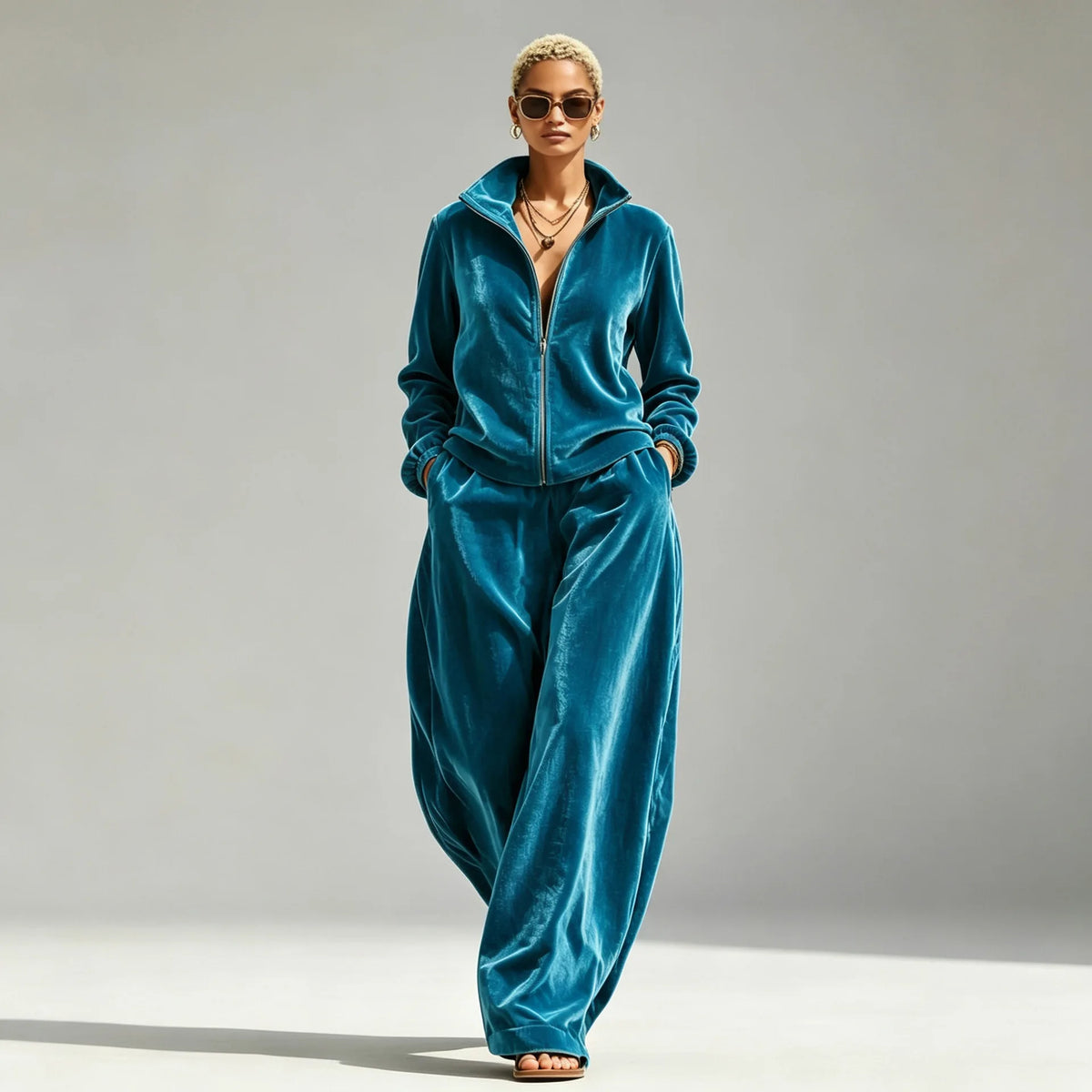 Autumn Winter Warm Gold Velvet Two Piece Set Women's Fashion Solid Zipper Open Coat With Wide Leg Pants Set Ladies Office Outfit
