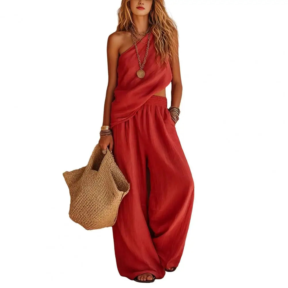 Cotton Linen 2 Piece Sets , One Shoulder Sleeveless Wrinkle Resistant Top Wide Leg Pants , Summer Vacation Lounge Outfits