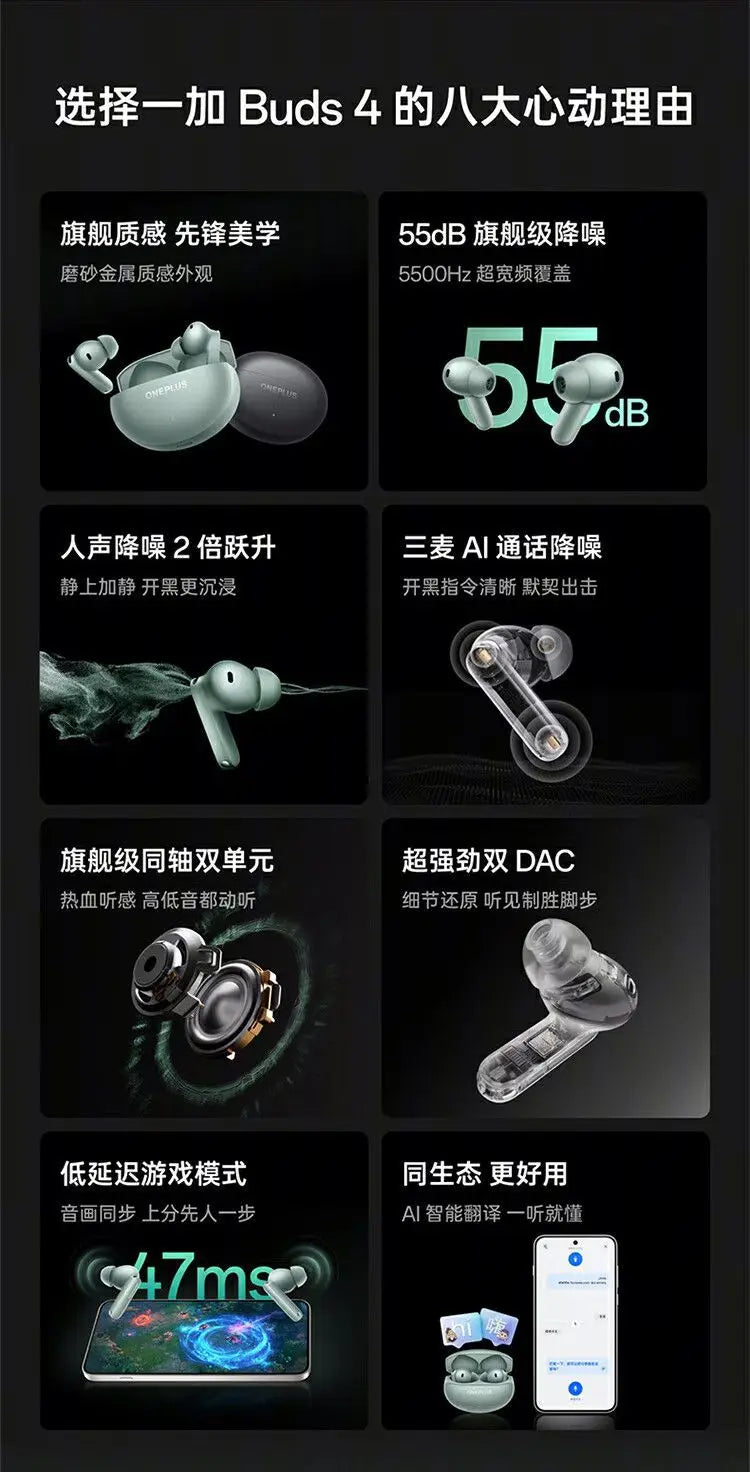 Oneplus Buds 4 TWS Wireless Bluetooth Earphone LHDC5.0 55dB Active Noise Canceling 45h Battery IPX4 Waterproof For Gaming Gym