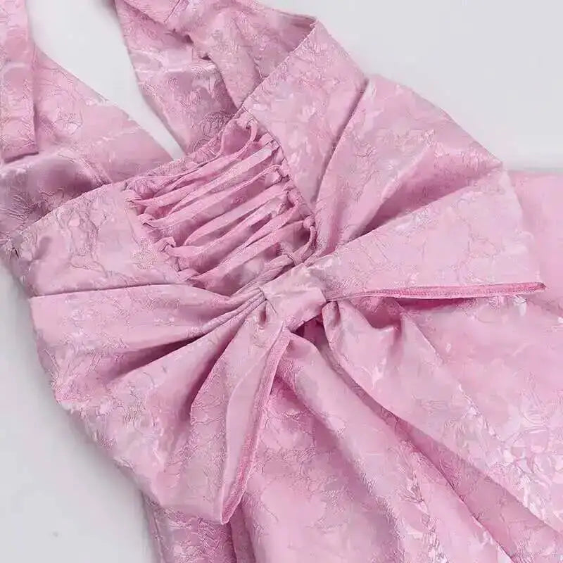 Giyu Club Evening Party Dresses Women 2025 Summer Sexy Bow Halter Long Dress Elegant Jacquard Lace Up Backless Birthday Robe