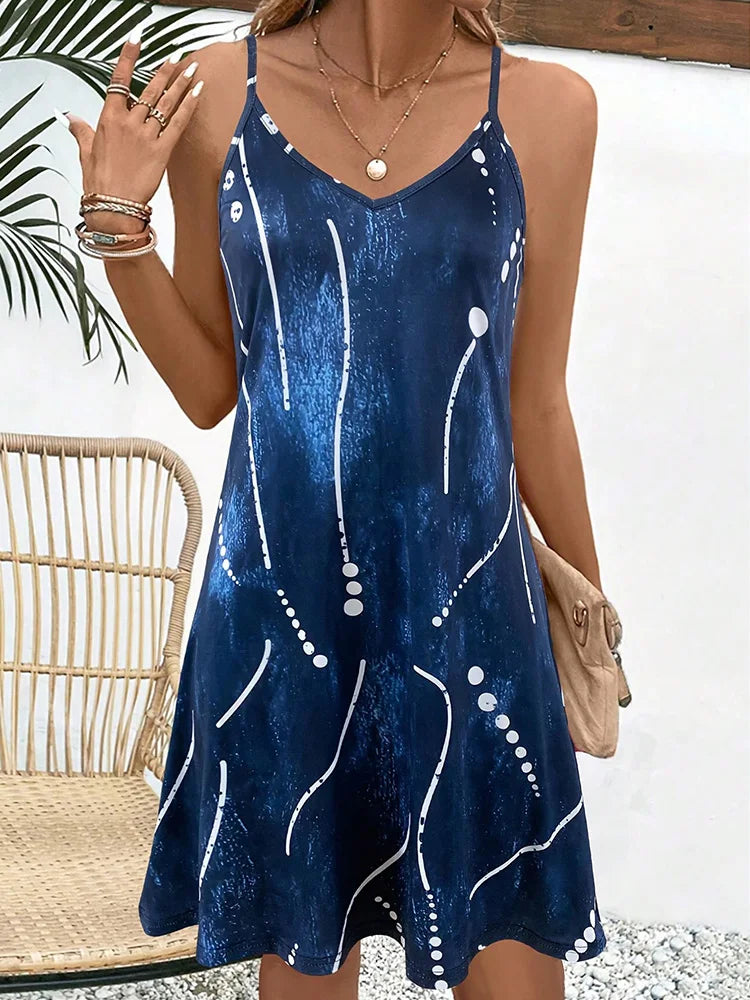 Women's Summer Spaghetti Strap Dress, Blue Abstract Print, Flowy Fit for Vacation Outfits, Lightweight Summer Clothes
