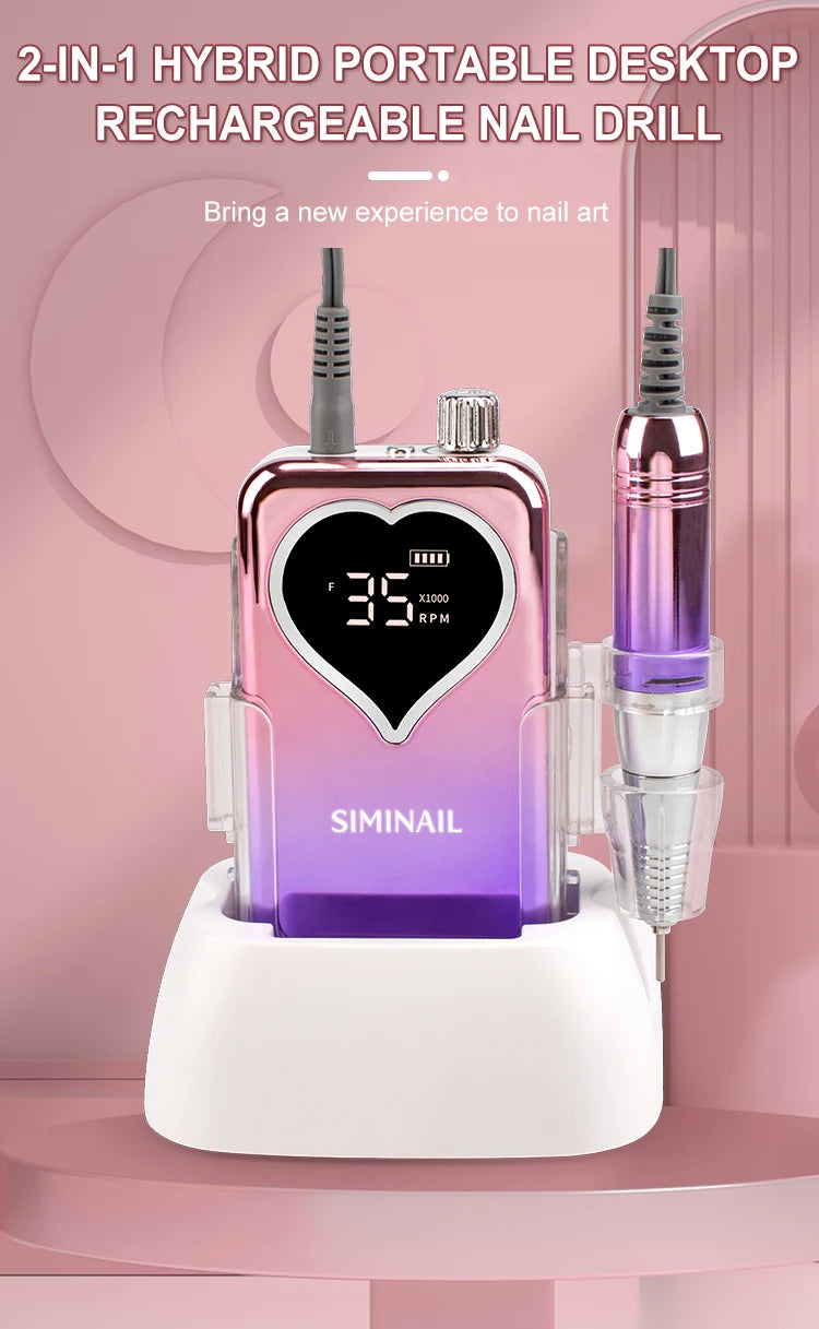 SIMINAIL Professional Nail Drill Machine 35000RPM Portable Electric Nail File Rechargeable Manicure Machine Set Efile Bit Kit
