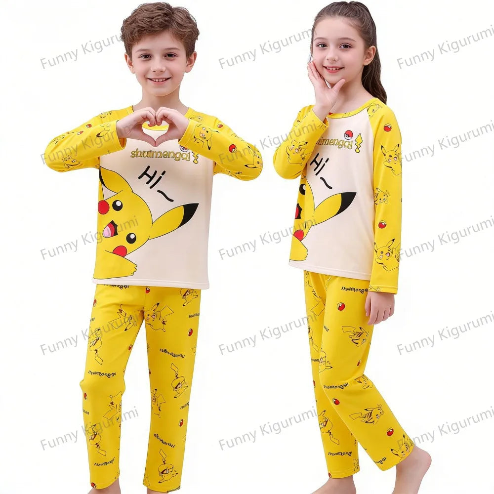 Children's Pyjamas Pikachu Set Kids Sleepers Boys Girls Cartoon Long Sleeve Sleepwear 3-14T Teenage Home Clothes Pajama Pijama