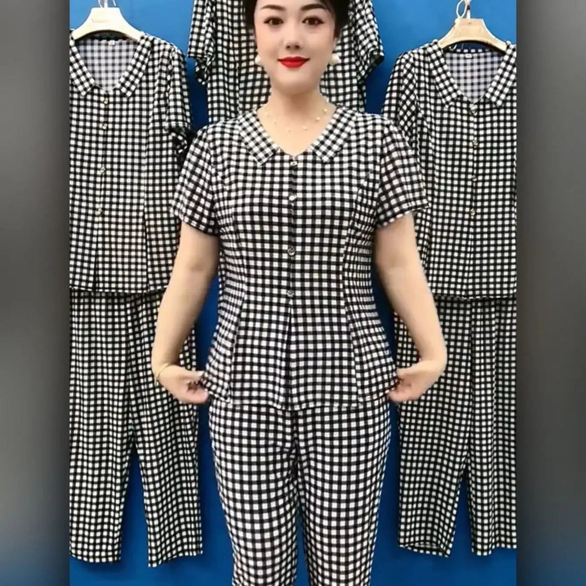Summer New Korean Fashion Women Thin Plaid Two Piece Set V-neck Printed Patchwork Button Short Sleeved Top Straight Pants Suit