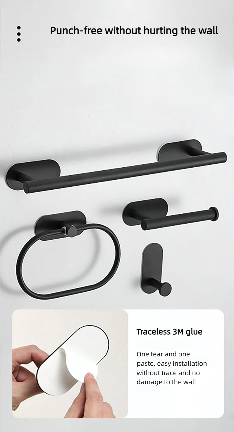 4pcs Bathroom Punch-free Towel Bar Set Stainless Steel Bathroom Hardware Wall-mounted Towel Rack Hook Tissue Holder