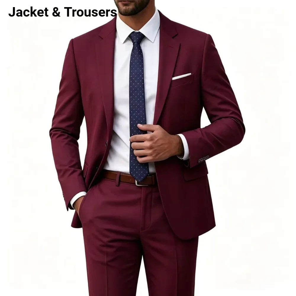 Notched Lapel Men Suit Wedding Elegant 2 Pieces Set Jacket Pants Slim Fit Single Breasted Formal Business Tuxedo Office Blazer