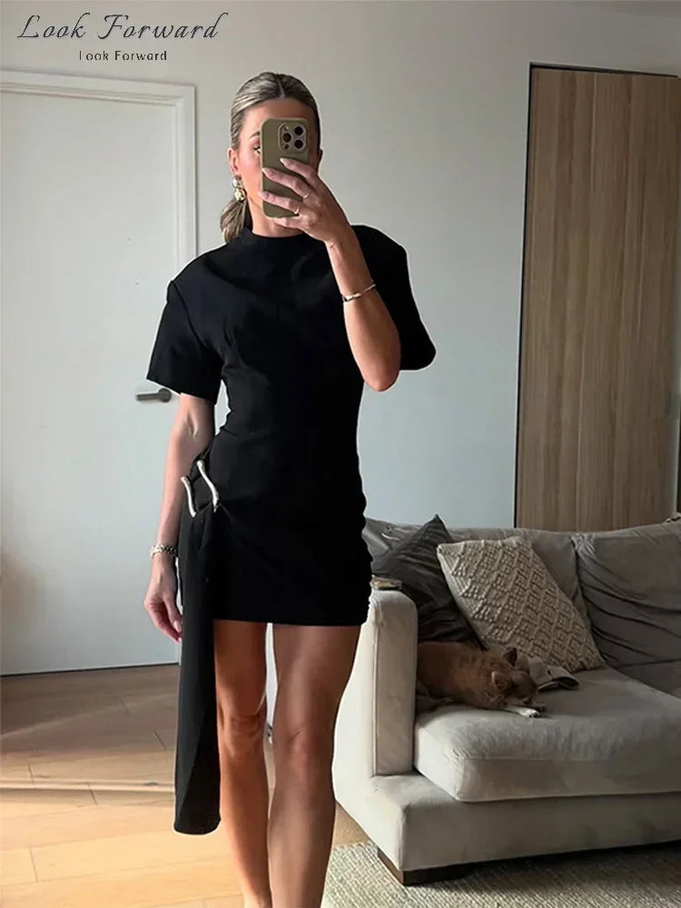 Elegant Mini Dress Woman Ribbons Slim O-neck Short Sleeve Above Knee Dresses Female Spring Summer Party Robe Lady High Street