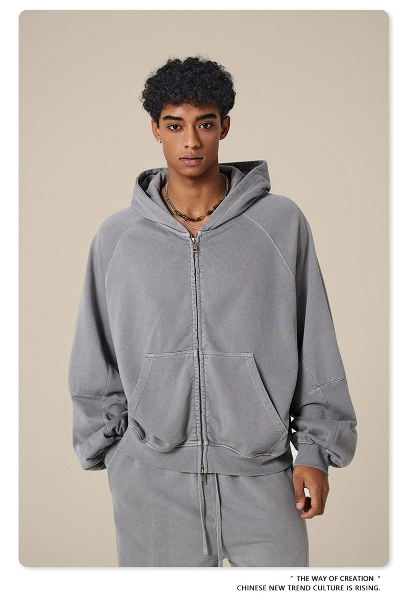 ZODF Heavy Wieght 480gsm Washed Cotton Boxy Zipper Hoodies For Man Unisex Retro Patchwork Off Shoulder Hooded Coats HY1152