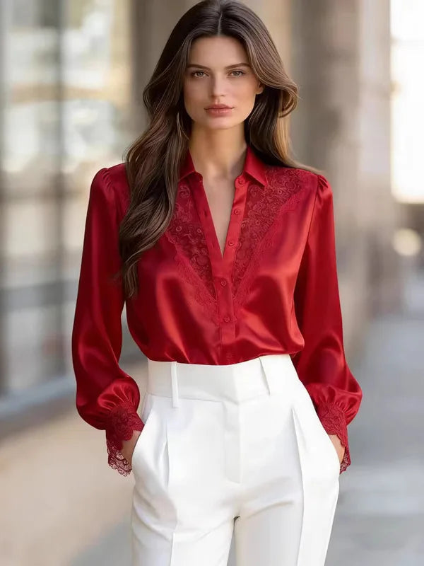 Elegant Style Long Sleeve Lace Patchwork Blouse Women's Commute V-Neck Shirt Polyester Fiber Printed Casual Top