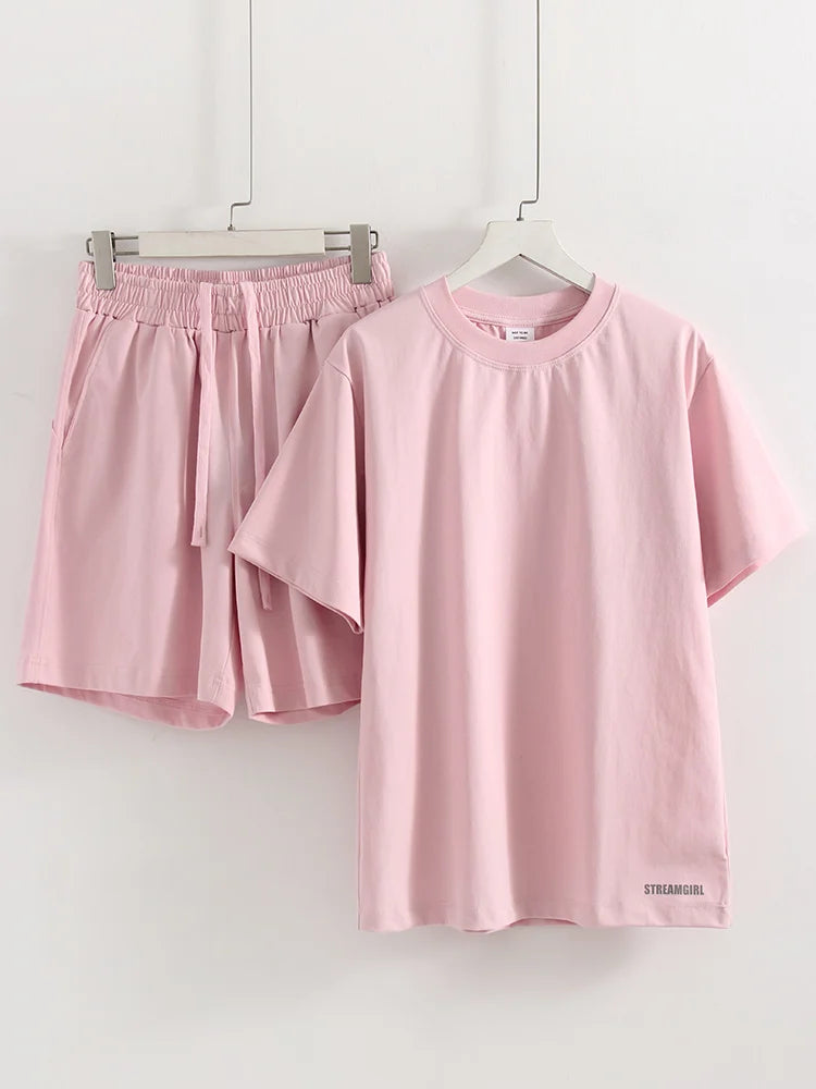 Summer 2 Piece Shorts Set Woman Cotton Brown Oversized T Shirts And Shorts Two Pieces Outfits For Women White Short Sets Pink