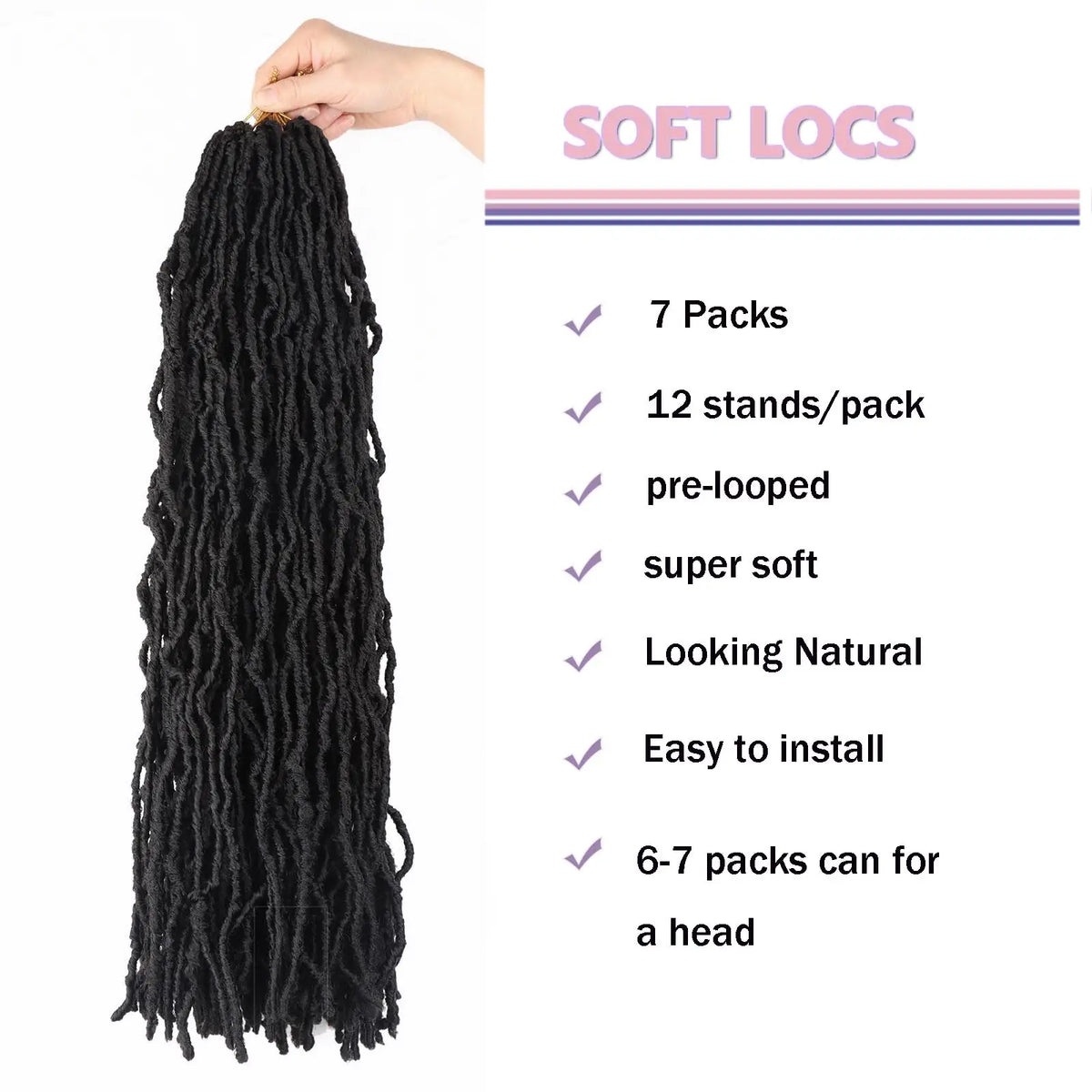 8Pcs Heat Resistant Dreadlock Crochet Hair Faux Locs 24 Inch Synthetic Extensions Black Soft Locs for Halloween and Christmas