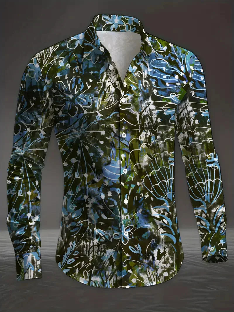 New men's 3D reindeer print shirt men's long sleeved shirt casual button loose top ethnic retro collar shirt