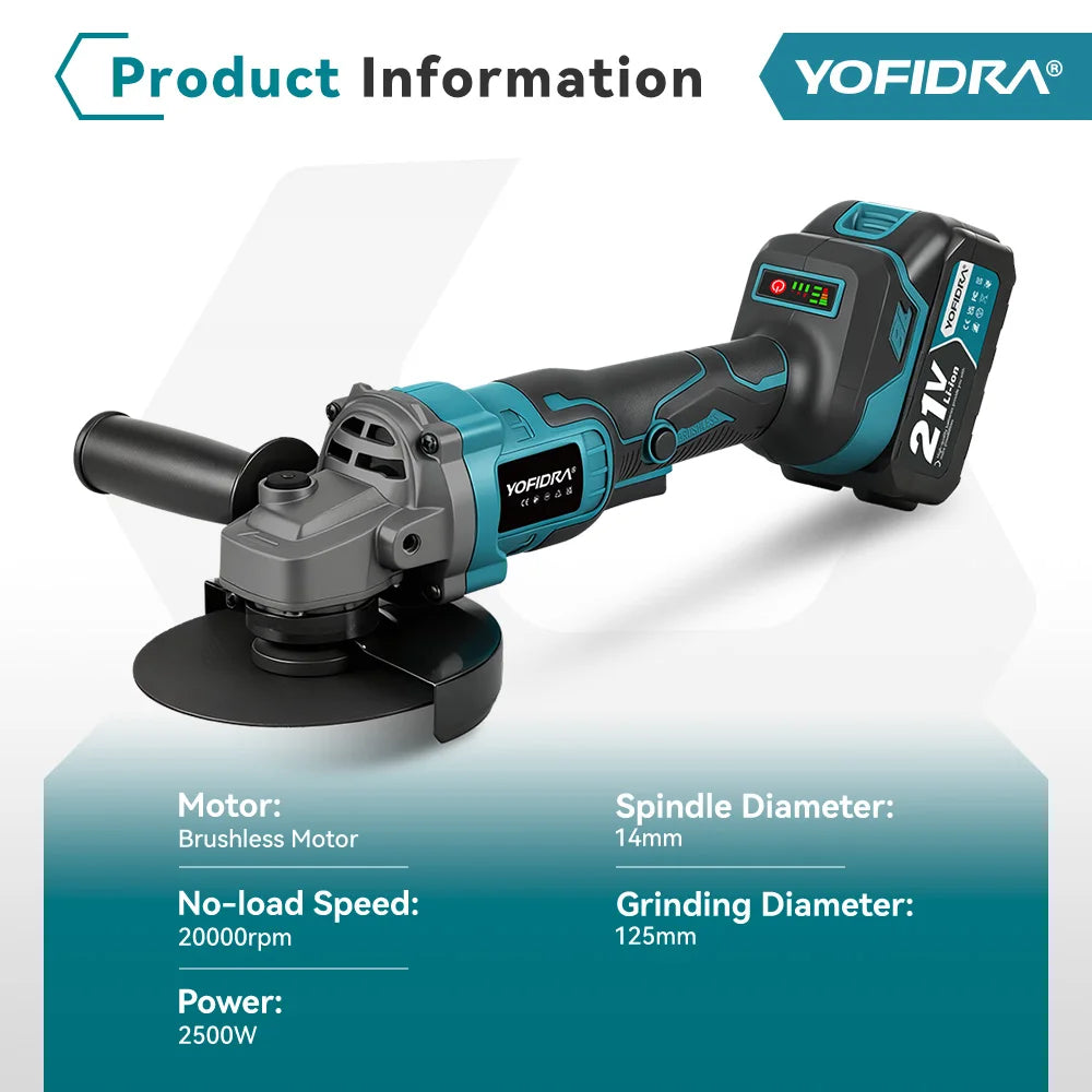 YOFIDRA 125mm Brushless Angle Grinder 3 Gears Cordless Grinding Machine Cutting Woodworking Power Tool For Makita Battery Pin
