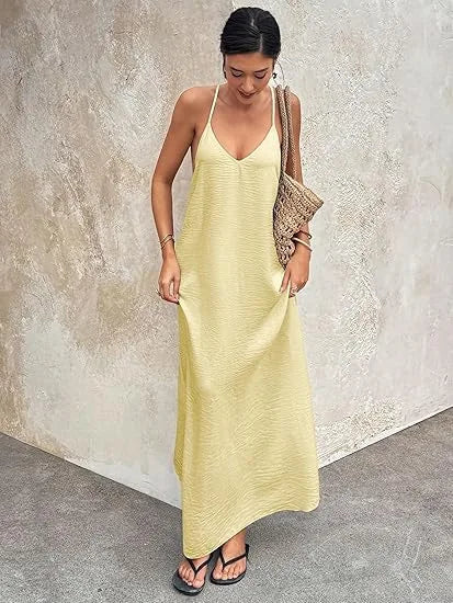 Women's New Solid Color Spaghetti Strap Deep Backless Loose Flowy Maxi Dress Elegant Comfort Casual Trendy Versatile Daily Dress