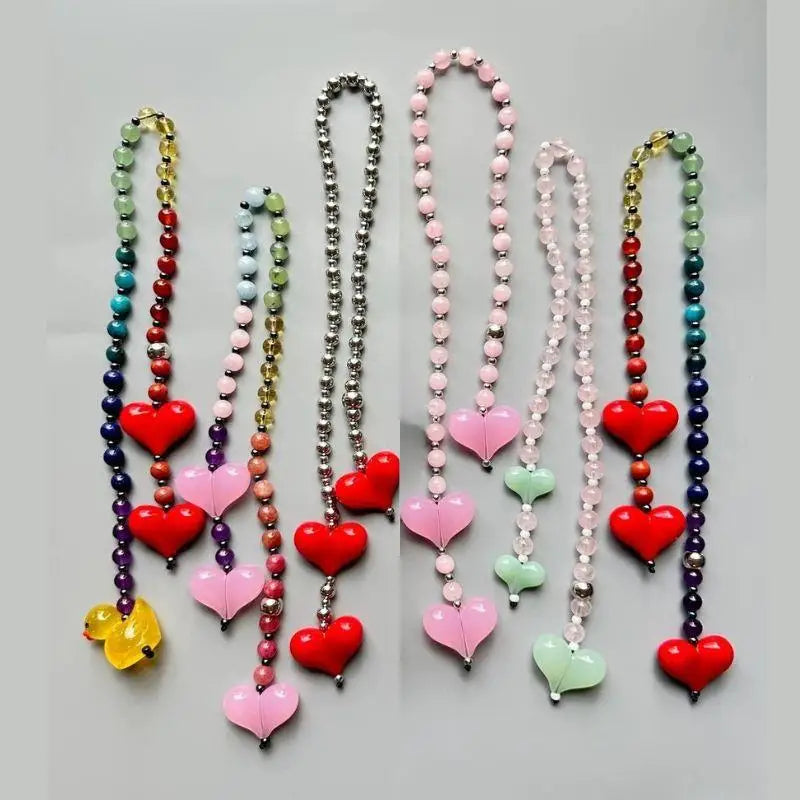 Y2k Love Bead Hanging Chain Bag Charm Women Accesories Red Love Heart Bags Charms Colorful Beads Chain Fashion Lady Jewelry