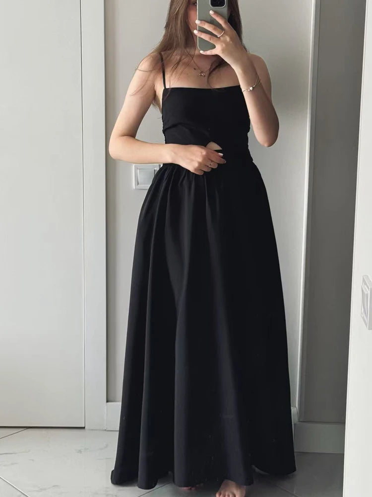 FSMG Fashion Black Breathable Sleeveless Backless Halter Dress Summer Sexy Spaghetti Strap Hollow Out Pockets Side Long Skirt