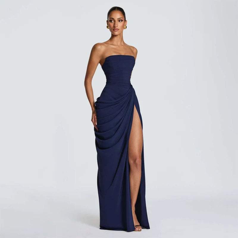 Elegant Solid Strapless Pleated Dress Women Chic Sleeveless Waist Cinching Split Maxi Vestidos 2026 Lady Evening Party Dresses