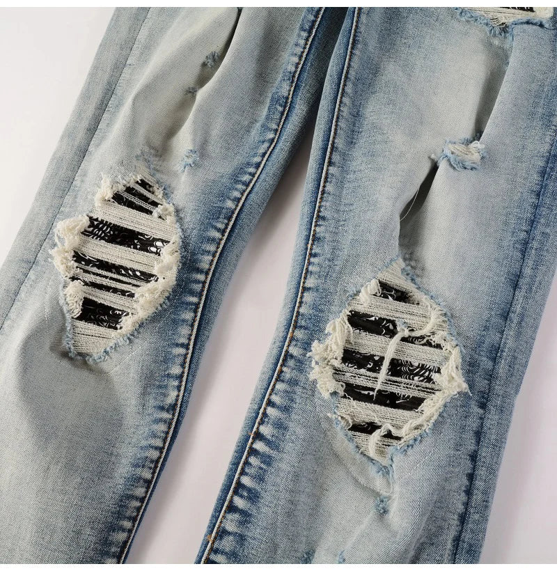 Men Paisley Bandana Print Patch Jeans Streetwear High Stretch Denim Pants Holes Ripped Patchwork Skinny Tapered Trousers