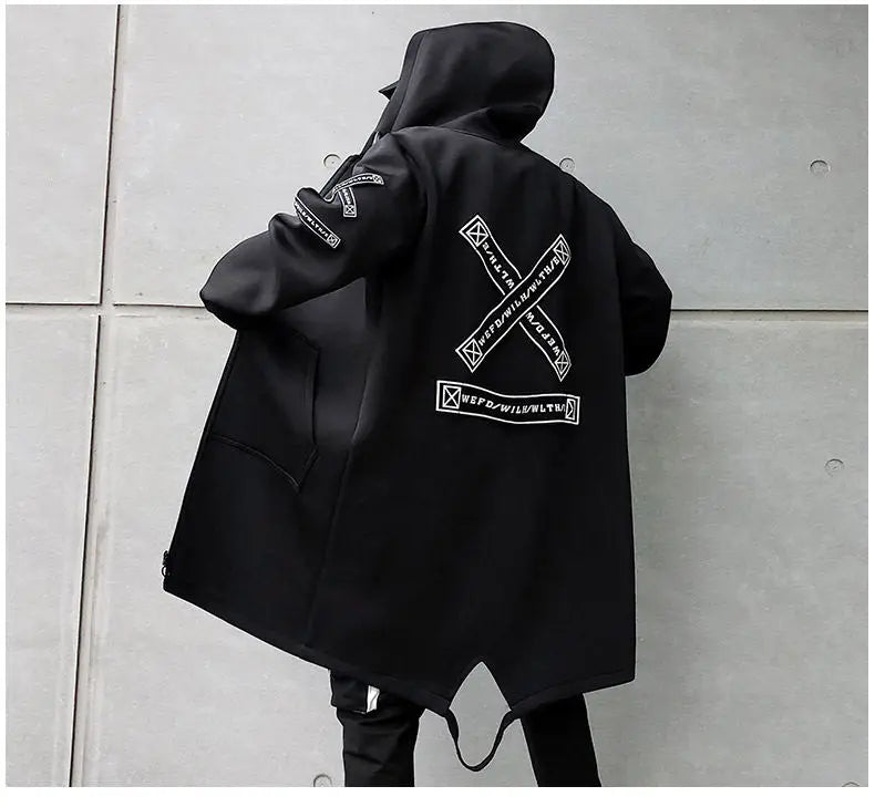 2025 Mens Hooded Trench Coat Mid Long Windproof Jacket Outerwear Autumn Winter New Fashion Windbreaker Coat Parka Male