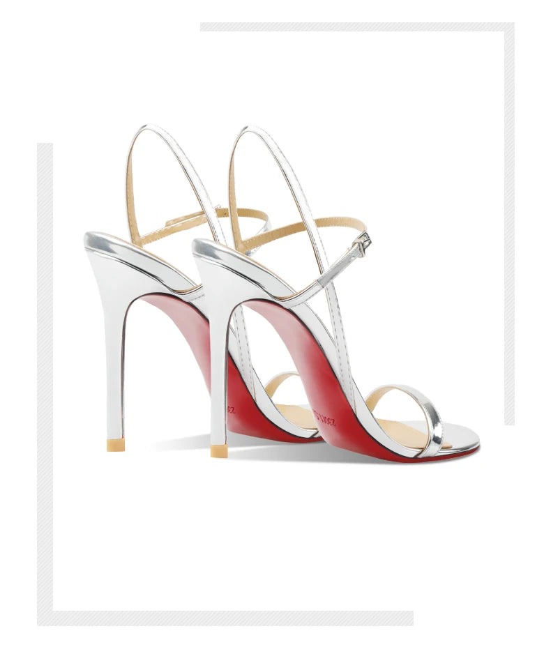 New Silver Patent Leather Temperament High-Heeled Sandals for Women with Exposed Toes, Slim Heels, and Comfortable Single Shoes
