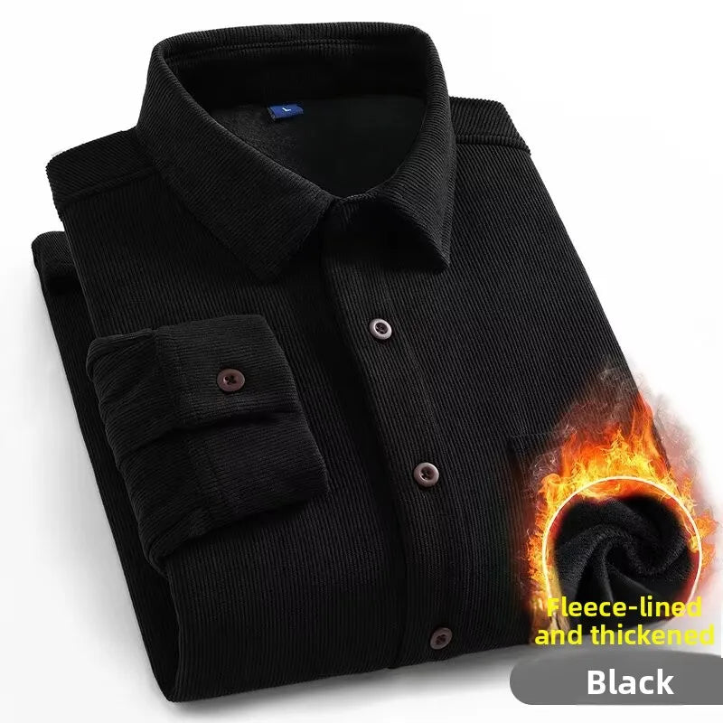 Men's Fleece Lined Long Sleeve Shirt Thick Warm Casual Corduroy Outerwear Trendy Pure Color Breathable Youthful Style Standar...