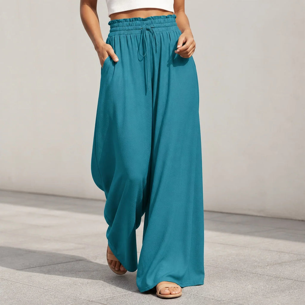 Women's Elastic Long Palazzo Pants Casual Urban Style Tie Detail Polyester Blend Woman Clothes Female Clothing Women's And