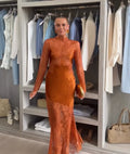 Women Slim Fit Lace Satin Mermaid Gown High Neck Long Sleeve Cutout Back Maxi Dress Female Formal Wedding Guest Party Dresses
