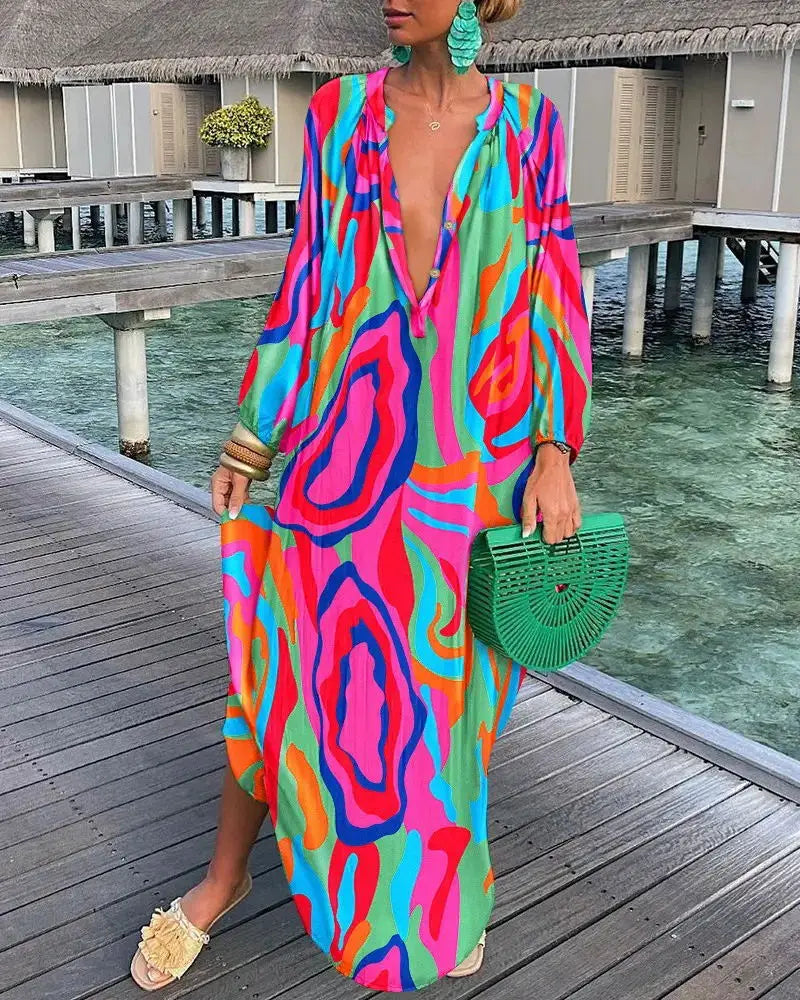 Autumn Women's Print Casual Dress New Fashion V-neck Long Sleeve Loose Holiday Party Long Dresses For Women Robe Femme 2024