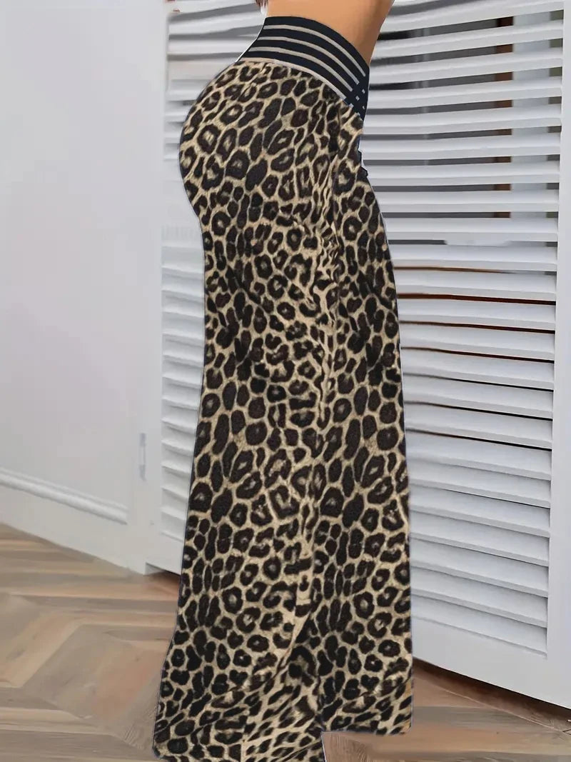 Leopard Print Wide Leg Pants Women Sexy High Waist Elastic Waist Loose Trousers Summer Autumn Casual Streetwear Y2K Vintage