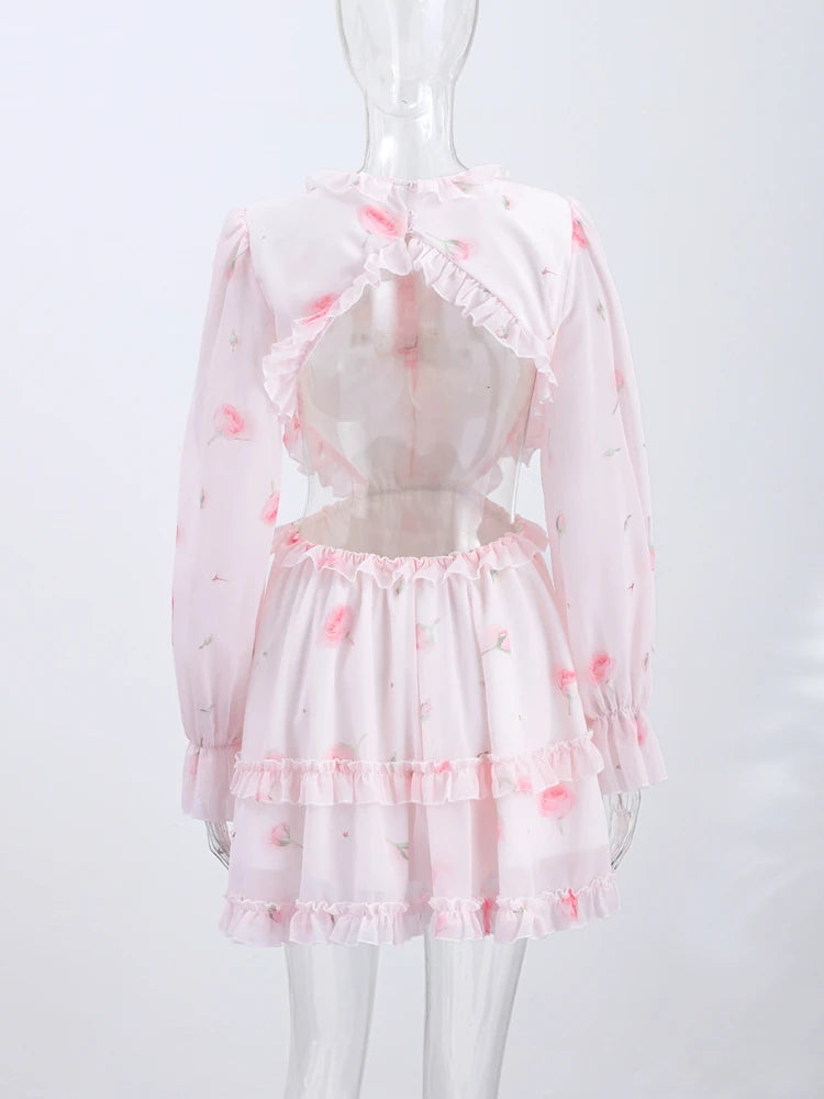 Women Rose Print Dress Puff Long Sleeve Mini Dress Sheer Mesh Ruffle Hem Button Front Fairy Party Short Dresses Summer Wear