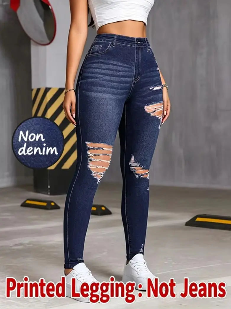 Women Printed Leggings Not Denim Fabric, Fake Pocket & Button Print Design Pants, High Elastic Fashion Slim Fit Skinny Casual