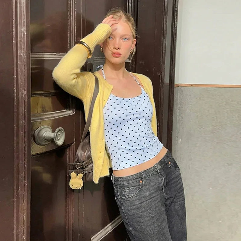 Fashion Polka Dot Halter Neck Tank Top Women Slim Fit Thin Strap Sleeveless Casual Summer Camisole