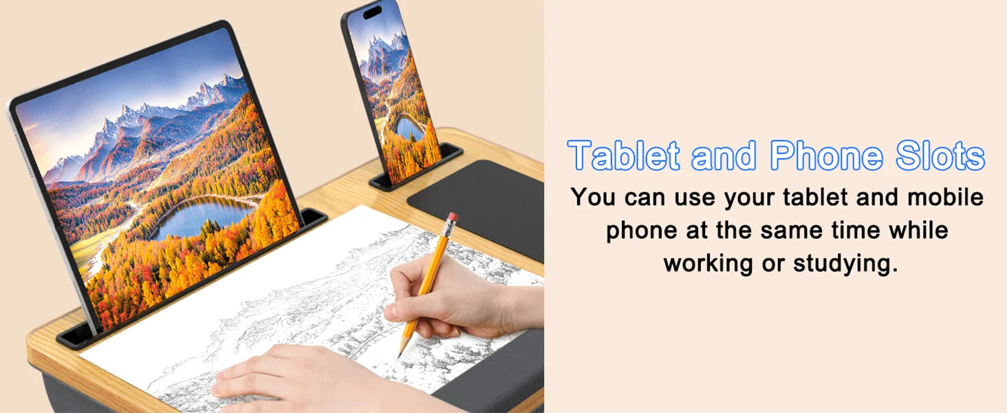 Laptop table with mouse pad, slots for tablet and phone, portable handle, suitable for outdoor and in - car use as a desk