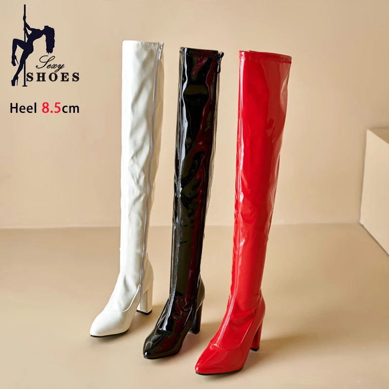 New Red Thigh High Women Boots Side Zip Pointed Toe Winter Shoes Elastic Patent Leather Over-the-Knee Boots Plus Size 44 45 46