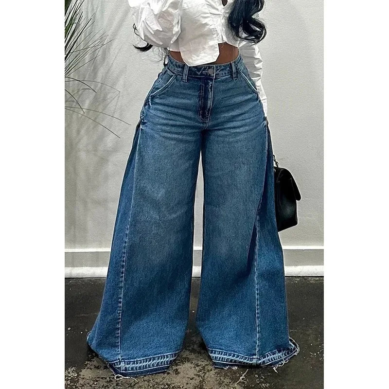 QICHE European American Women Y2K Blue Washed Patchwork Flare Jeans Loose Tassel Floor-Length Wide Leg Denim Pants