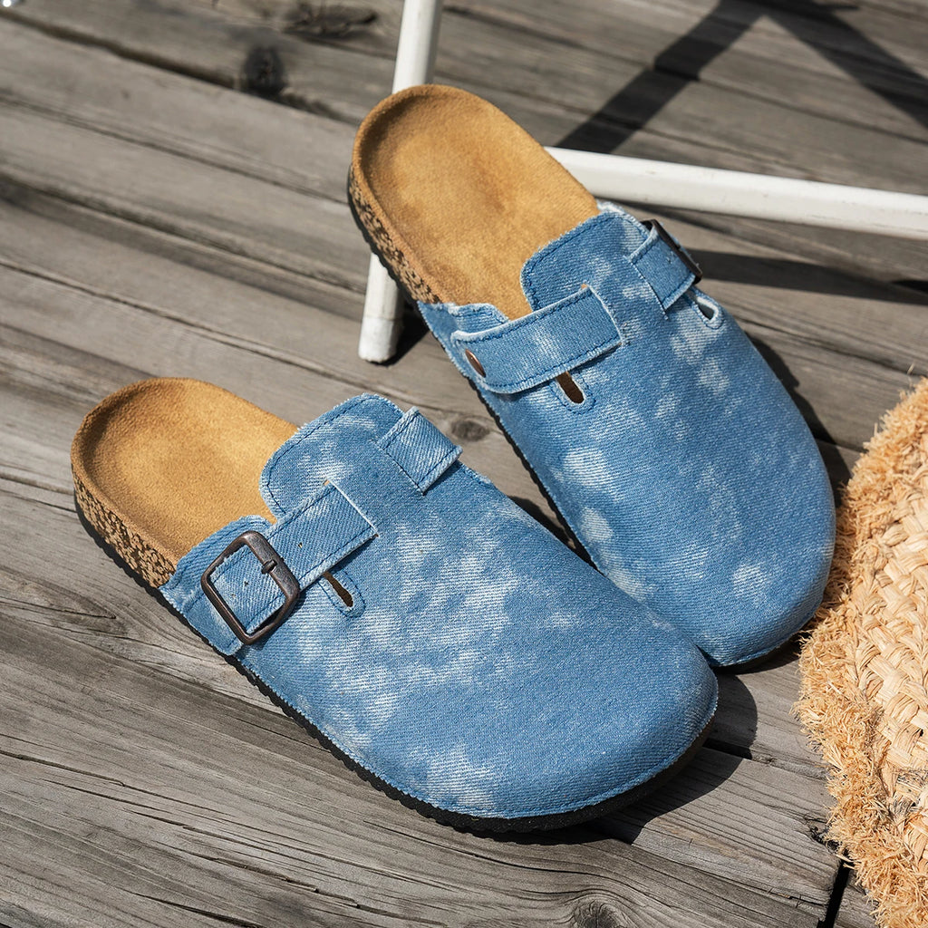 2025 New Model All-Season Autumn and Winter Women's Indoor and Outdoor Non-Slip Fashionable Casual Shoes with Cork Thick Sole, Flat Heel, Half-Covered Toe, Slip-On Slippers, Casual Buckle Slippers Suitable for All Seasons and
