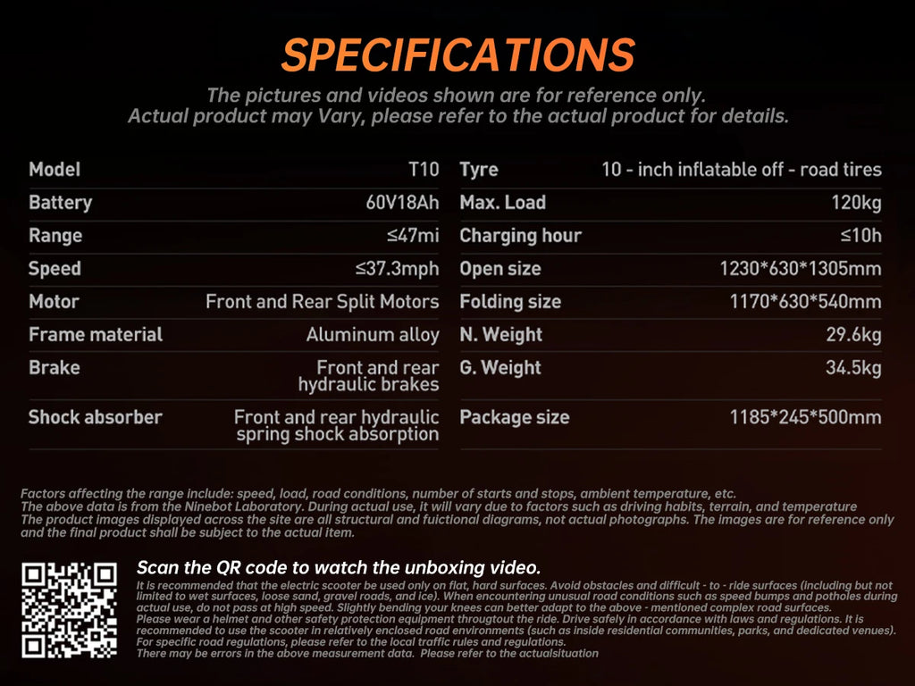 JOYOR T10 Flagship Electric Scooter 1000W Dual Motors 3600W Peak 37MPH 60V18Ah Battery 45 Miles Dual-Arm Suspension Dual Hydraulic Disc Brakes Anti-skid 10Inch OffRoad Tires High Speed Stability Aluminum Alloy Frame Foldable