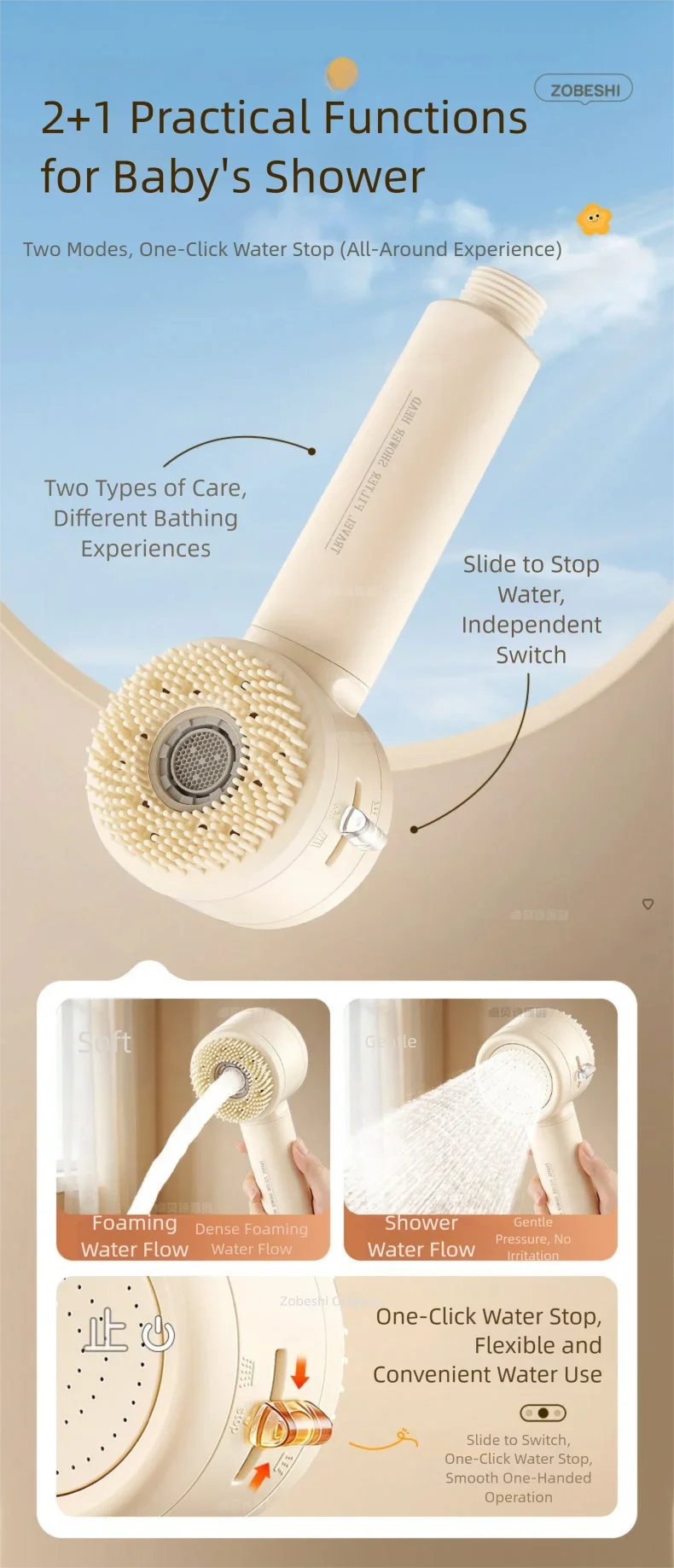 2+1 Modes Filter Shower Head High Pressure Adjustable Handheld Shower Head One Button Stop Bathroom Accessories