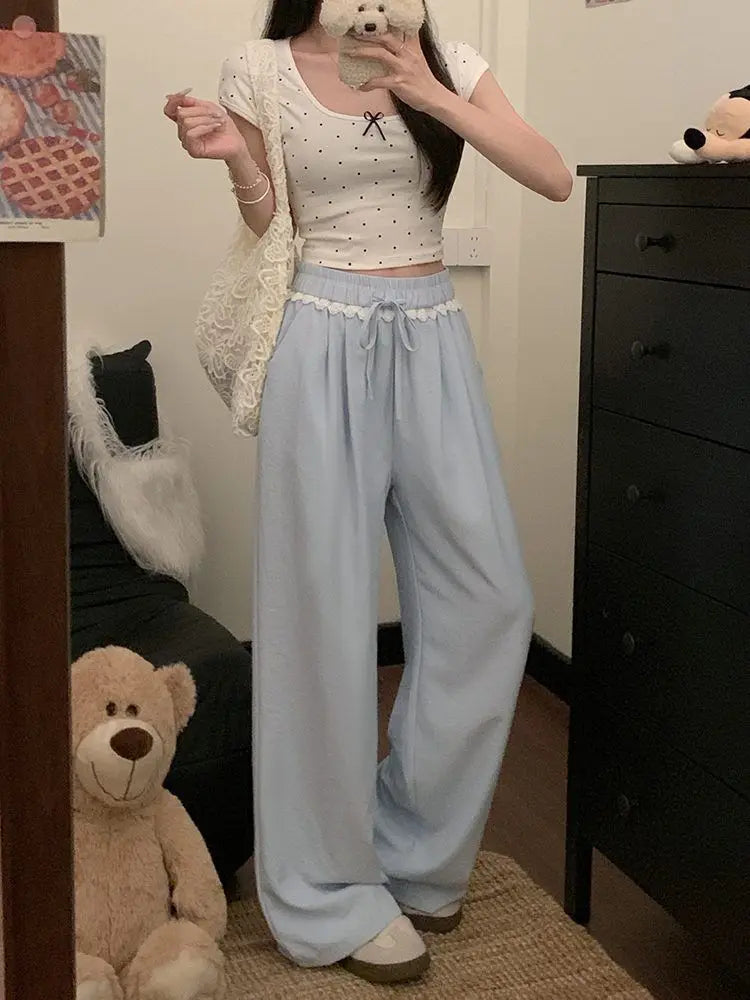 Women Lace Trim Wide Leg Pants Elastic Drawstring Waist Loose Casual Trousers Multiple Colors
