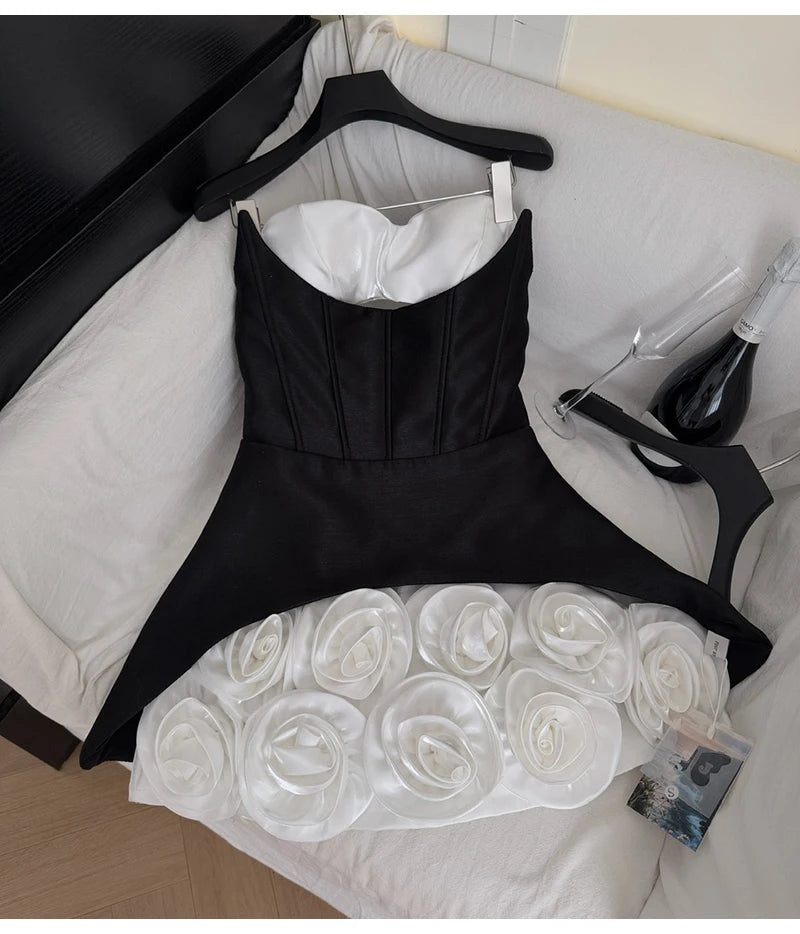 Women's Sweet Slash Neck Sleeveless Slim Waist Short Mini Dress French Retro 3D Rose Birthday Dress Spicy Girl Floral Bud Dress