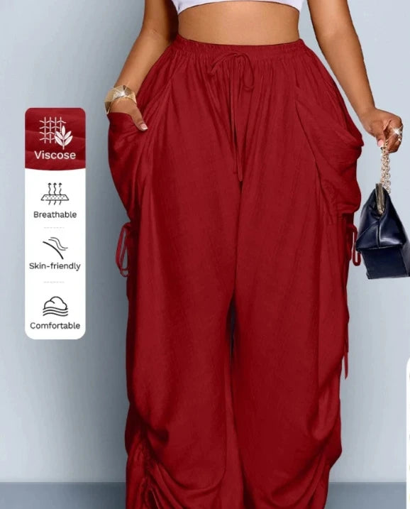 Loose Wide Leg Pants Drawstring Elastic Waist Pure Color Casual Trousers Women's High Waist Straight Cut Summer Fashion